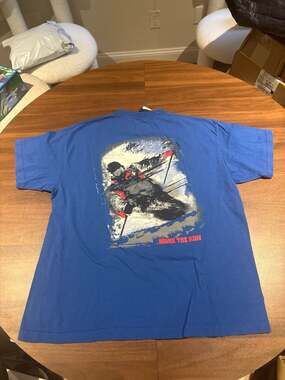 Vintage 90s Compass Brand Skiing Graphic Pocket T-Shirt Blue XL